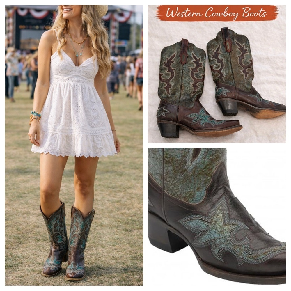 Corral patch snip toe Cowboy Boots Brown Embroidered Leather Western Boho